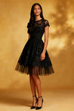 Black A Line Lace Backless Short Cocktail Dress with Sleeves