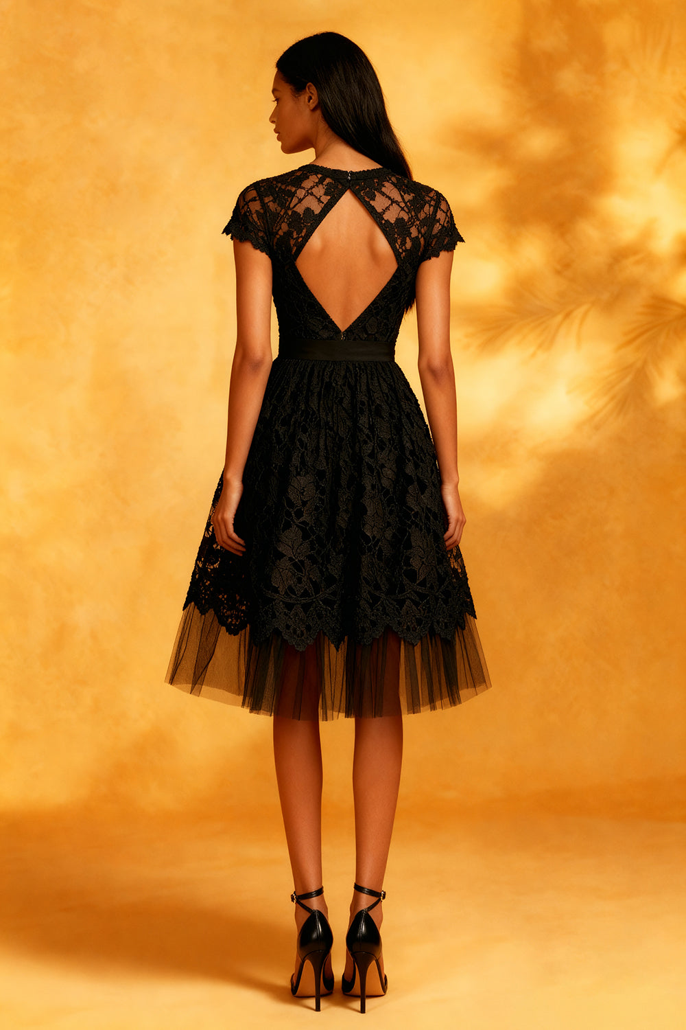 Black A Line Lace Backless Short Cocktail Dress with Sleeves