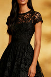 Black A Line Lace Backless Short Cocktail Dress with Sleeves