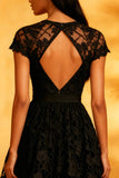 Black A Line Lace Backless Short Cocktail Dress with Sleeves