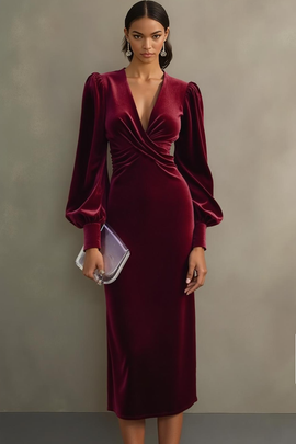 Cabernet Velvet Sheath V-Neck Midi Holiday Party Dress with Sleeves
