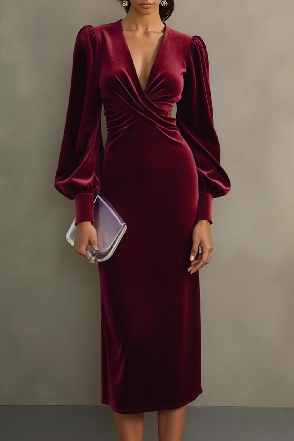 Cabernet Velvet Sheath V-Neck Midi Holiday Party Dress with Sleeves