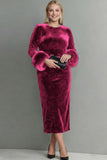 Plus Size Dark Blue Velvet Crew Neck Sheath Long Sleeves Formal Dress with Feather