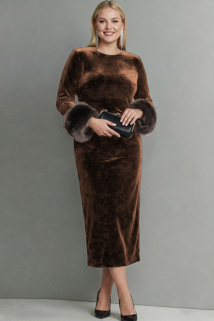 Plus Size Dark Blue Velvet Crew Neck Sheath Long Sleeves Formal Dress with Feather