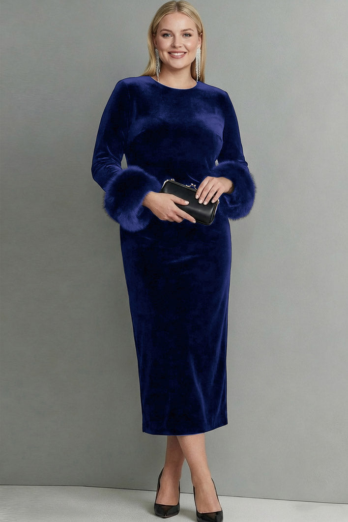 Plus Size Dark Blue Velvet Crew Neck Sheath Long Sleeves Formal Dress with Feather