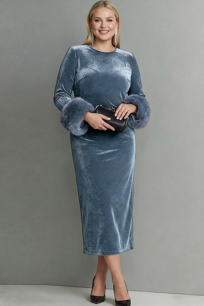 Plus Size Dark Blue Velvet Crew Neck Sheath Long Sleeves Formal Dress with Feather