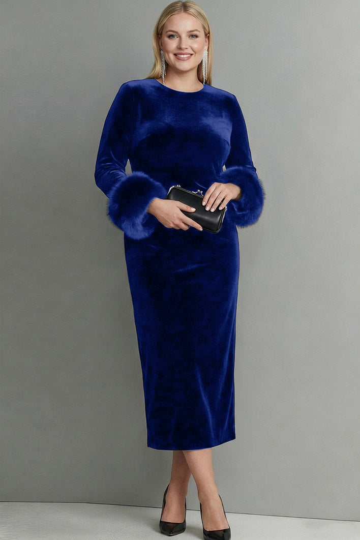 Plus Size Dark Blue Velvet Crew Neck Sheath Long Sleeves Formal Dress with Feather