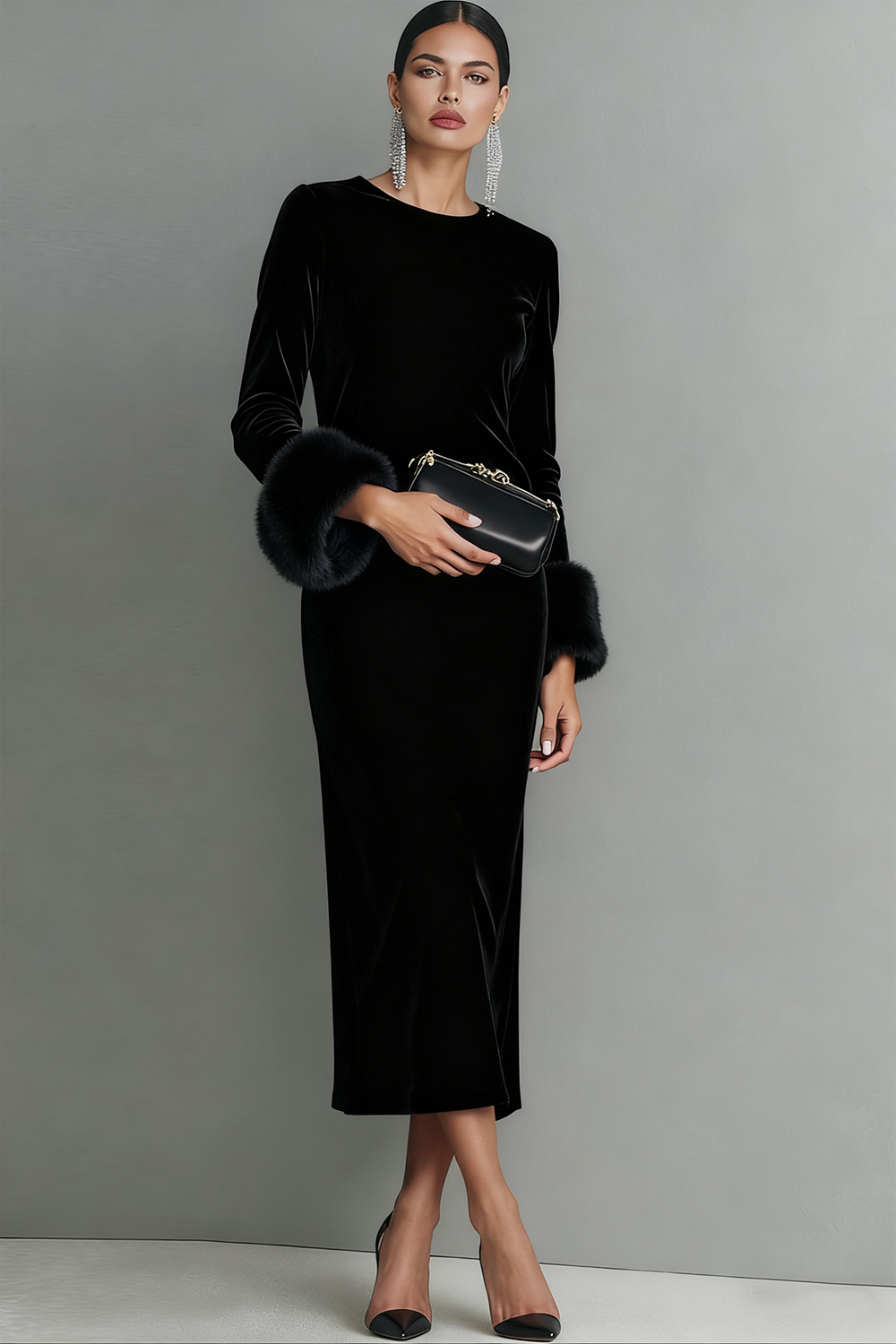 Dark Blue Velvet Sheath Crew Neck Long Sleeves Formal Dress with Feather