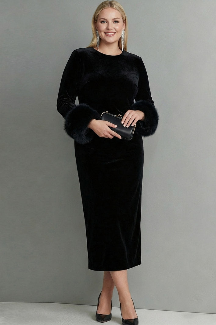 Plus Size Dark Blue Velvet Crew Neck Sheath Long Sleeves Formal Dress with Feather