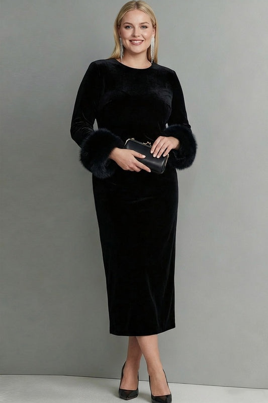 Plus Size Dark Blue Velvet Crew Neck Sheath Long Sleeves Formal Dress with Feather