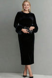 Plus Size Dark Blue Velvet Crew Neck Sheath Long Sleeves Formal Dress with Feather