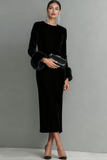 Dark Blue Velvet Sheath Crew Neck Long Sleeves Formal Dress with Feather