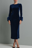 Dark Blue Velvet Sheath Round Neck Maxi Formal Dress with Sleeves