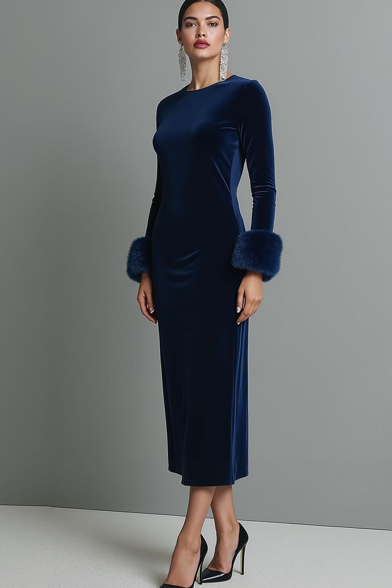 Dark Blue Velvet Sheath Round Neck Maxi Formal Dress with Sleeves