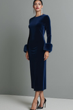 Dark Blue Velvet Sheath Round Neck Maxi Formal Dress with Sleeves