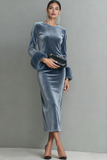 Dark Blue Velvet Sheath Crew Neck Long Sleeves Formal Dress with Feather