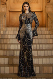Sparkly Black Golden Sequins Mermaid Long Sleeves Mother of the Bride Dress