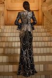 Sparkly Black Golden Sequins Mermaid Long Sleeves Mother of the Bride Dress