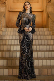 Sparkly Black Golden Sequins Mermaid Long Sleeves Mother of the Bride Dress