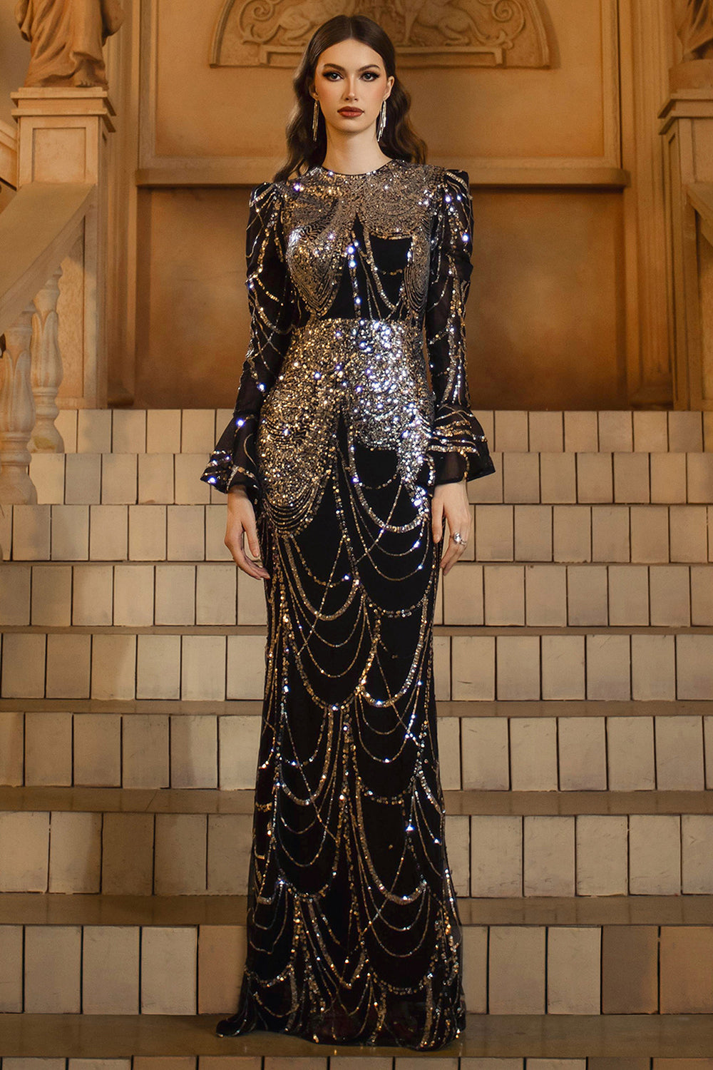 Sparkly Black Golden Sequins Mermaid Long Sleeves Mother of the Bride Dress