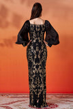 Sparkly Black Golden Sheath Puff Sleeves Long Mother of the Bride Dress with Sequins