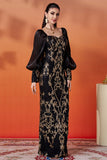 Sparkly Black Golden Sheath Puff Sleeves Long Mother of the Bride Dress with Sequins