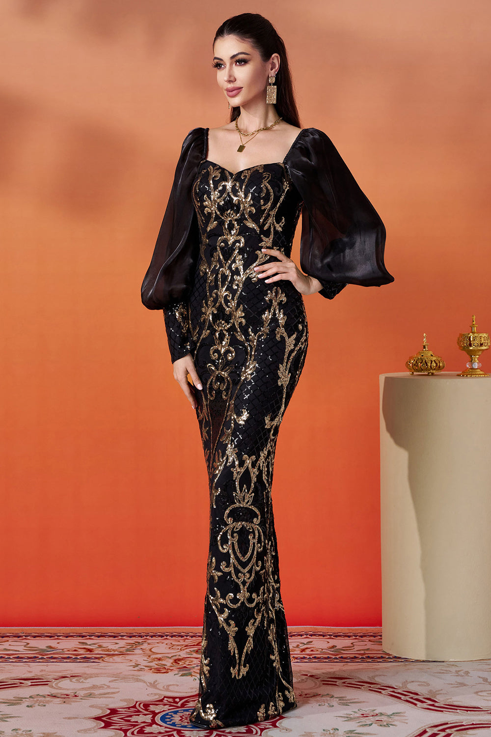 Sparkly Black Golden Sheath Puff Sleeves Long Mother of the Bride Dress with Sequins