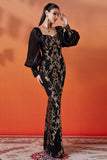 Sparkly Black Golden Sheath Puff Sleeves Long Mother of the Bride Dress with Sequins