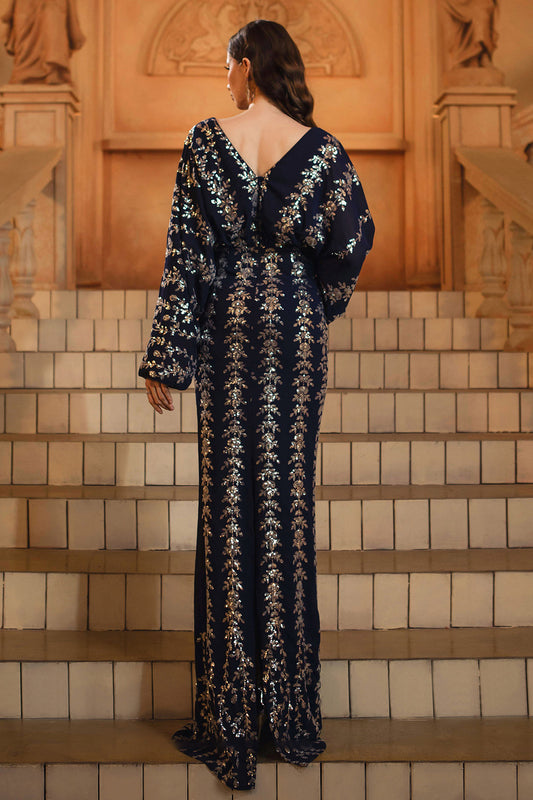 Sparkly Navy Sheath V-Neck Sequins Long Sleeves Mother of the Bride Dress