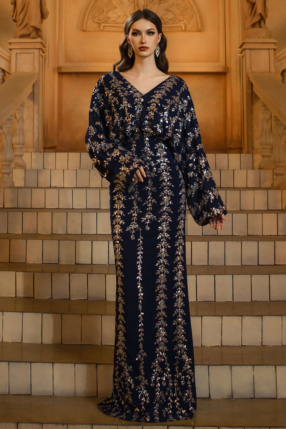 Sparkly Navy Sheath V-Neck Sequins Long Sleeves Mother of the Bride Dress