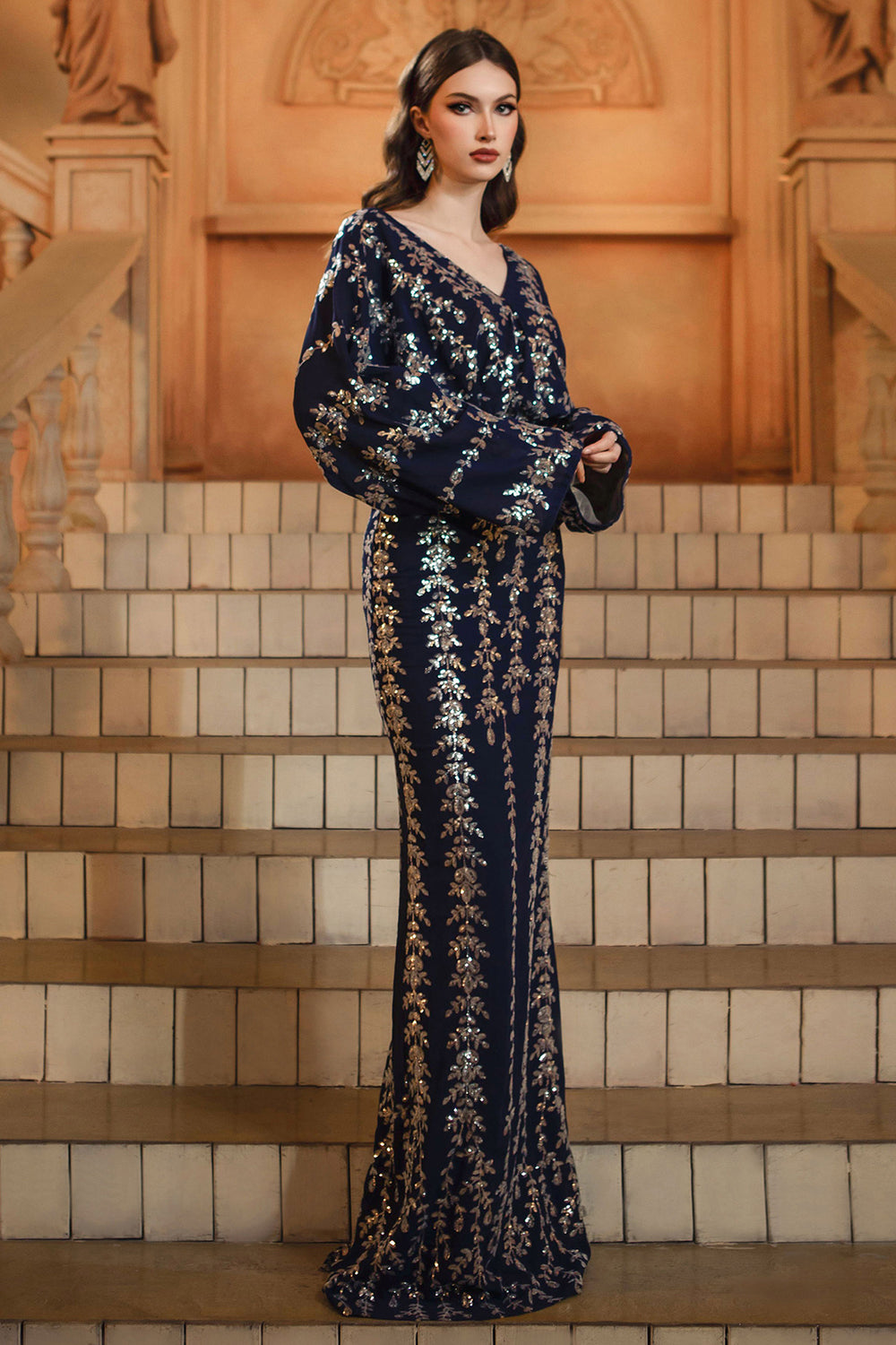 Sparkly Navy Sheath V-Neck Sequins Long Sleeves Mother of the Bride Dress