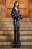 Sparkly Navy Sheath V-Neck Sequins Long Sleeves Mother of the Bride Dress