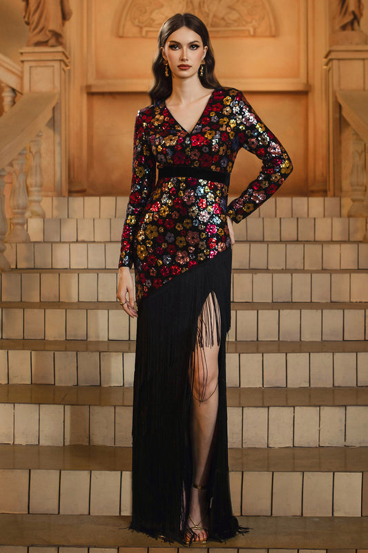 Sparkly Floral Black Sheath V-Neck Long Sleeves Mother of the Bride Dress with Fringes