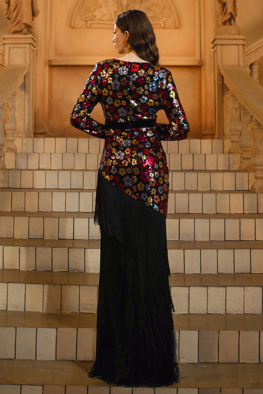 Sparkly Floral Black Sheath V-Neck Long Sleeves Mother of the Bride Dress with Fringes