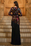 Sparkly Floral Black Sheath V-Neck Long Sleeves Mother of the Bride Dress with Fringes