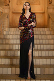 Sparkly Floral Black Sheath V-Neck Long Sleeves Mother of the Bride Dress with Fringes