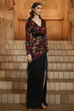 Sparkly Floral Black Sheath V-Neck Long Sleeves Mother of the Bride Dress with Fringes