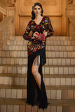Sparkly Floral Black Sheath V-Neck Long Sleeves Mother of the Bride Dress with Fringes