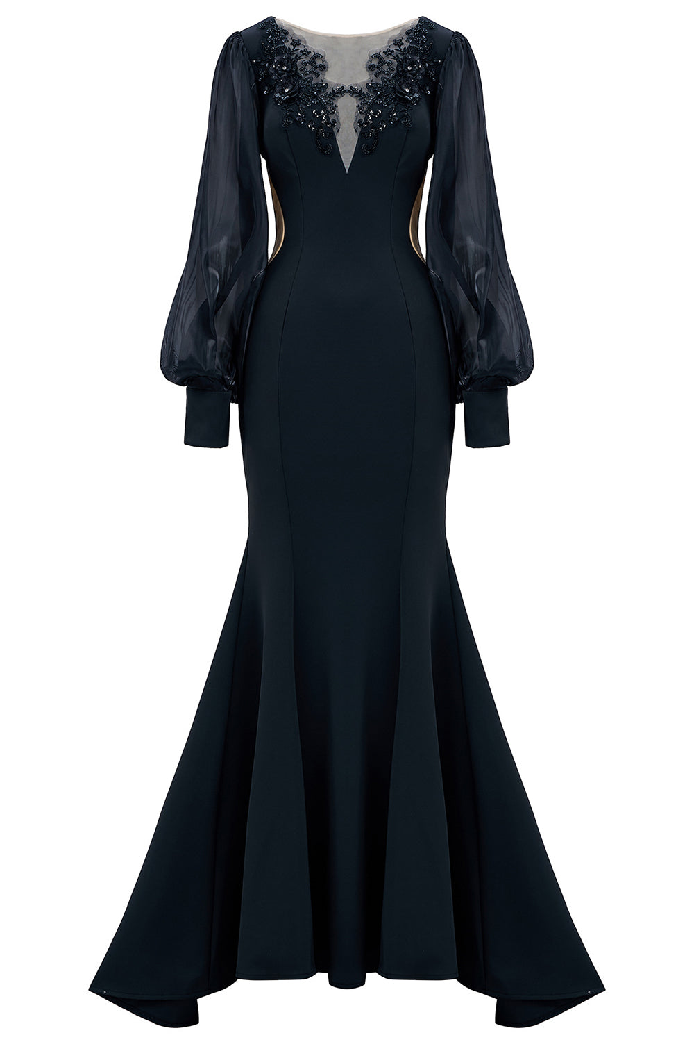 Black Mermaid Illusion Boat Neck Long Sleeves Mother of the Bride Dress with Appliques