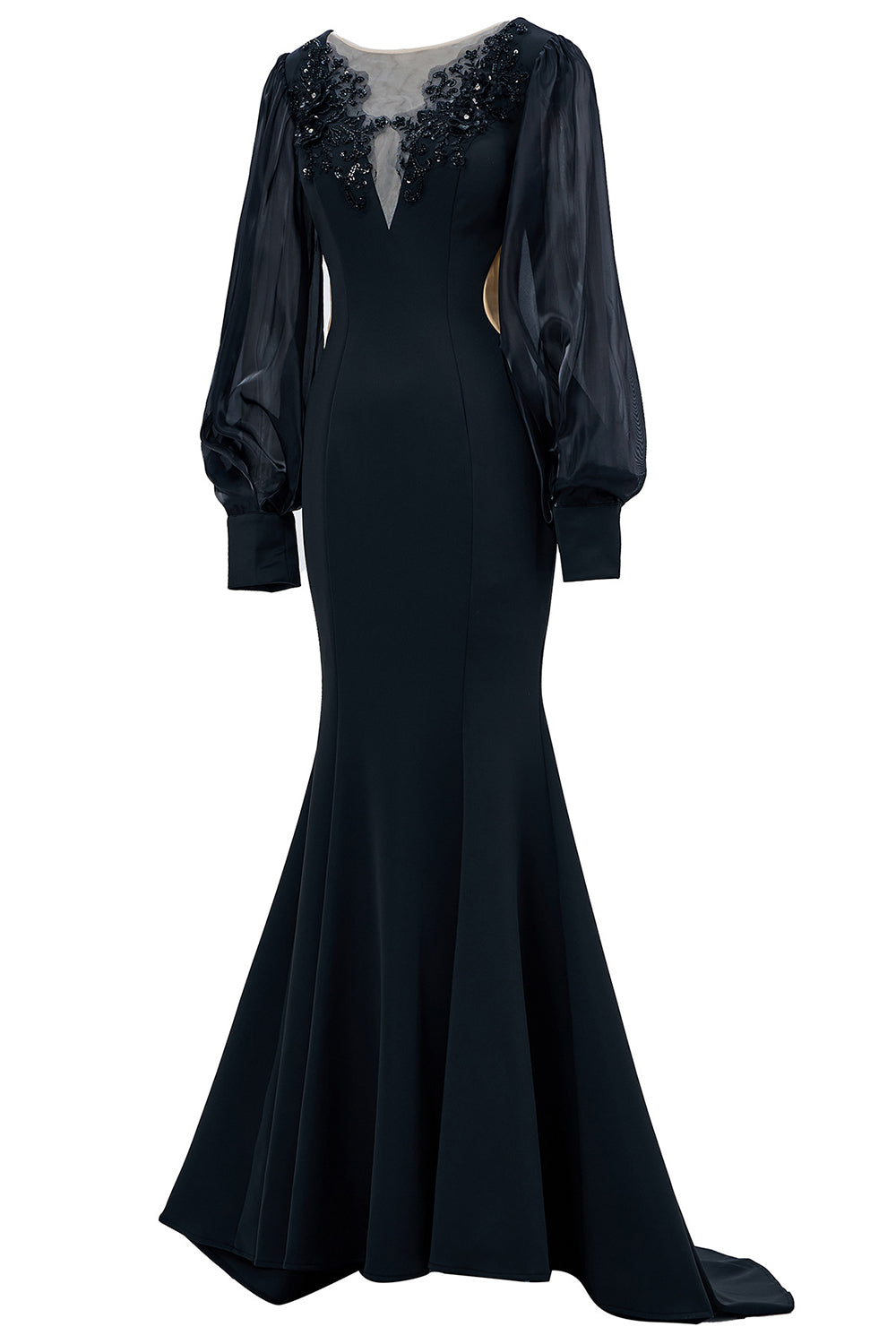 Black Mermaid Illusion Boat Neck Long Sleeves Mother of the Bride Dress with Appliques