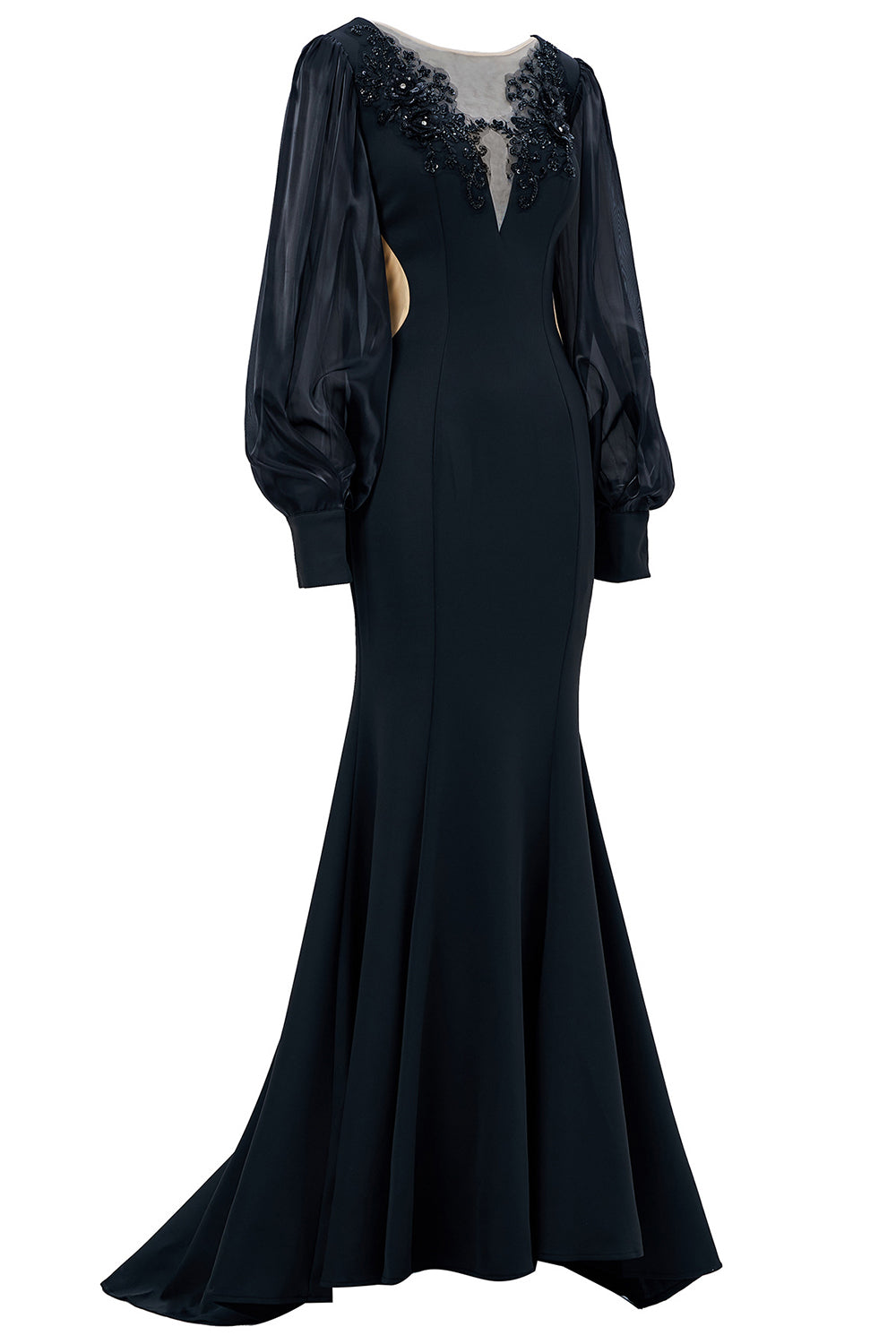 Black Mermaid Illusion Boat Neck Long Sleeves Mother of the Bride Dress with Appliques