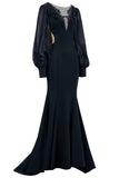 Black Mermaid Illusion Boat Neck Long Sleeves Mother of the Bride Dress with Appliques