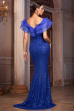 Sparkly Royal Blue Mermaid Sequins V-Neck Long Mother of the Bride Dress with Ruffles
