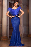Sparkly Royal Blue Mermaid Sequins V-Neck Long Mother of the Bride Dress with Ruffles