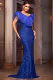 Sparkly Royal Blue Mermaid Sequins V-Neck Long Mother of the Bride Dress with Ruffles