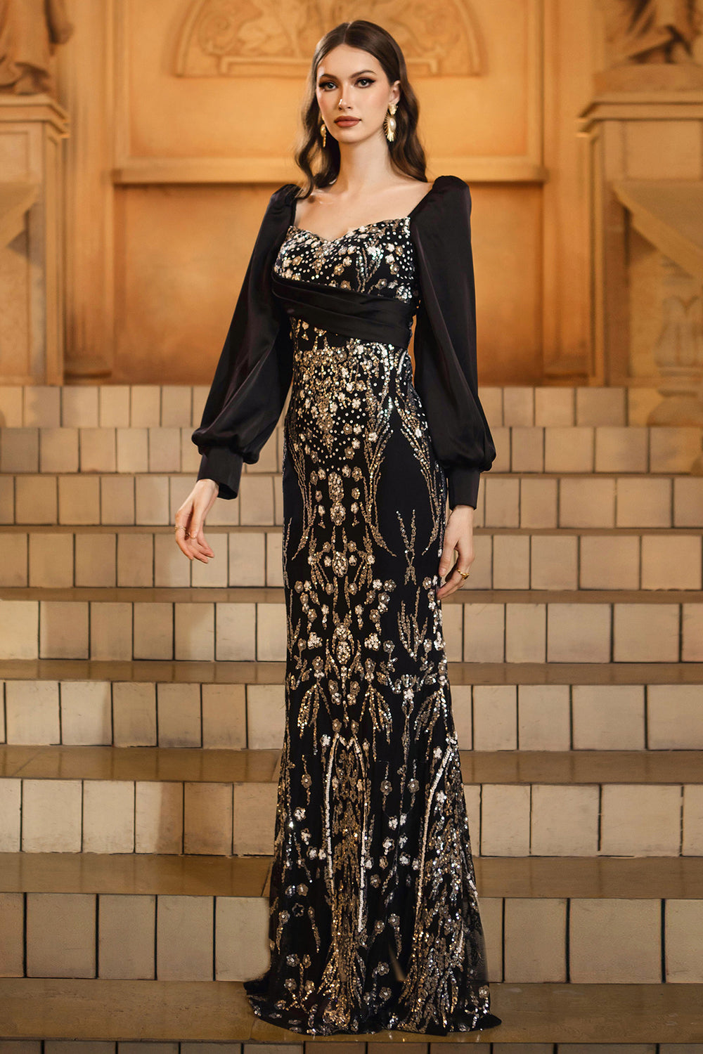 Sparkly Black Golden Mermaid Sequins Long Sleeves Mother of the Bride Dress with Beading