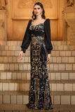 Sparkly Black Golden Mermaid Sequins Long Sleeves Mother of the Bride Dress with Beading