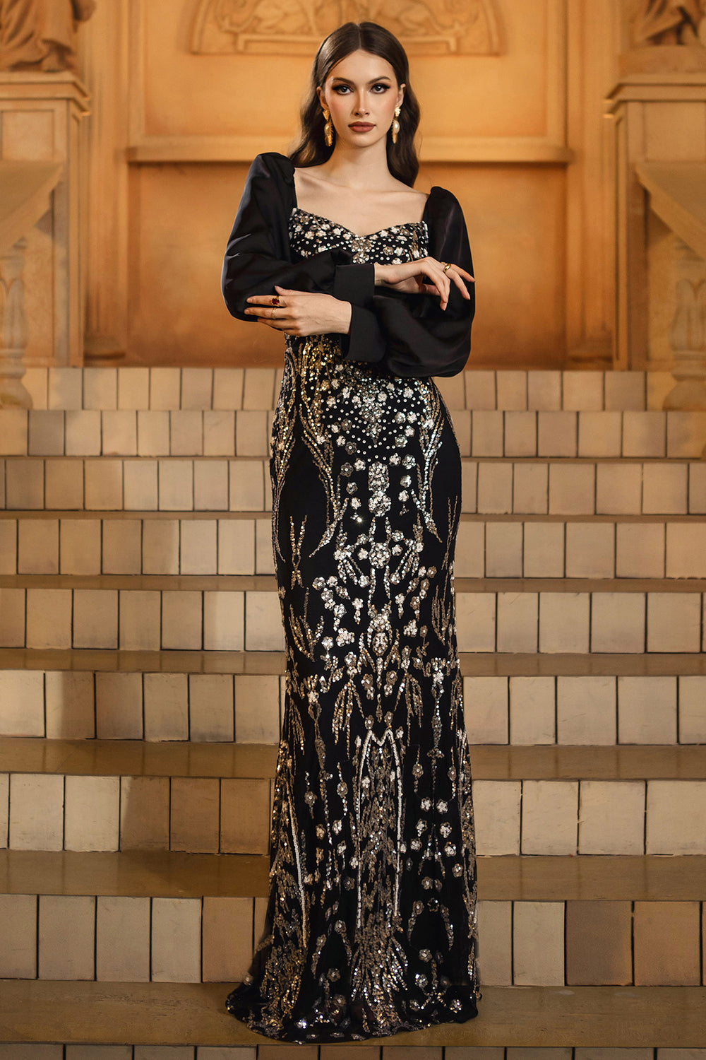 Zapakasa Women Sparkly Black Golden Long Sleeves Mother of the Bride Dress with Beading Mermaid Sequins Wedding Guest Dress Zapakasa Women Sparkly Black Golden Long Sleeves Mother of the Bride Dress with Beading Mermaid Sequins Wedding Guest Dress