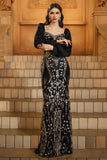 Sparkly Black Golden Mermaid Sequins Long Sleeves Mother of the Bride Dress with Beading