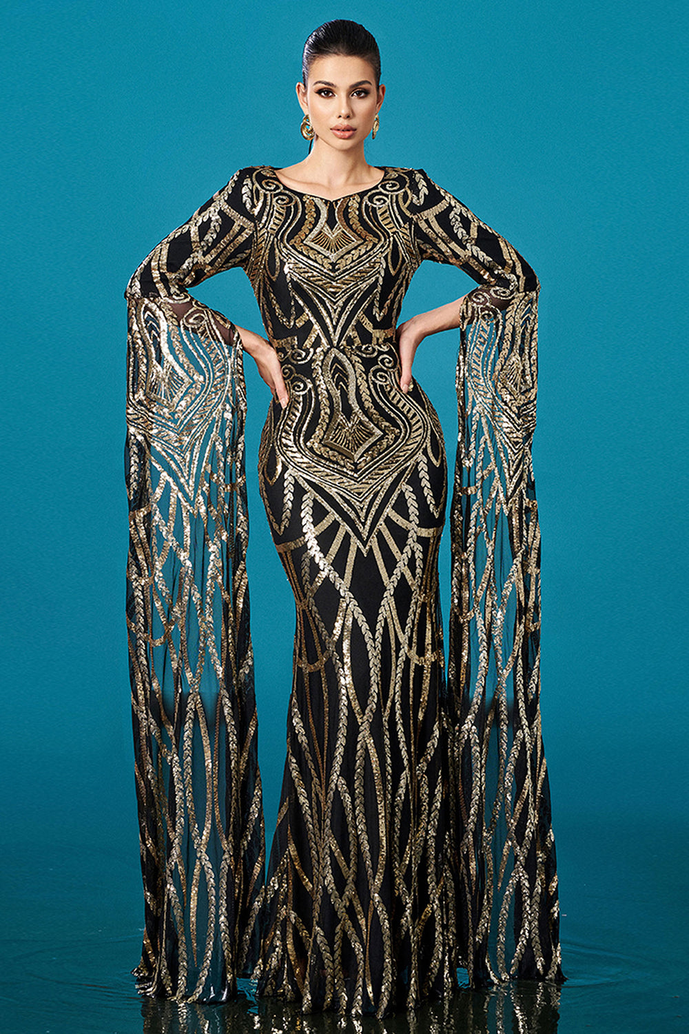 Sparkly Black Golden Mermaid Boat Neck Long Sleeves Mother of the Bride Dress with Cape